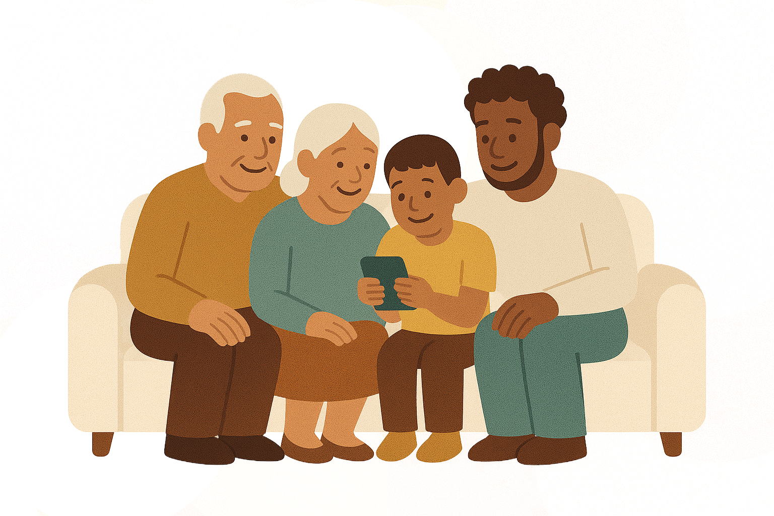 Family on a couch sharing memories on a smartphone