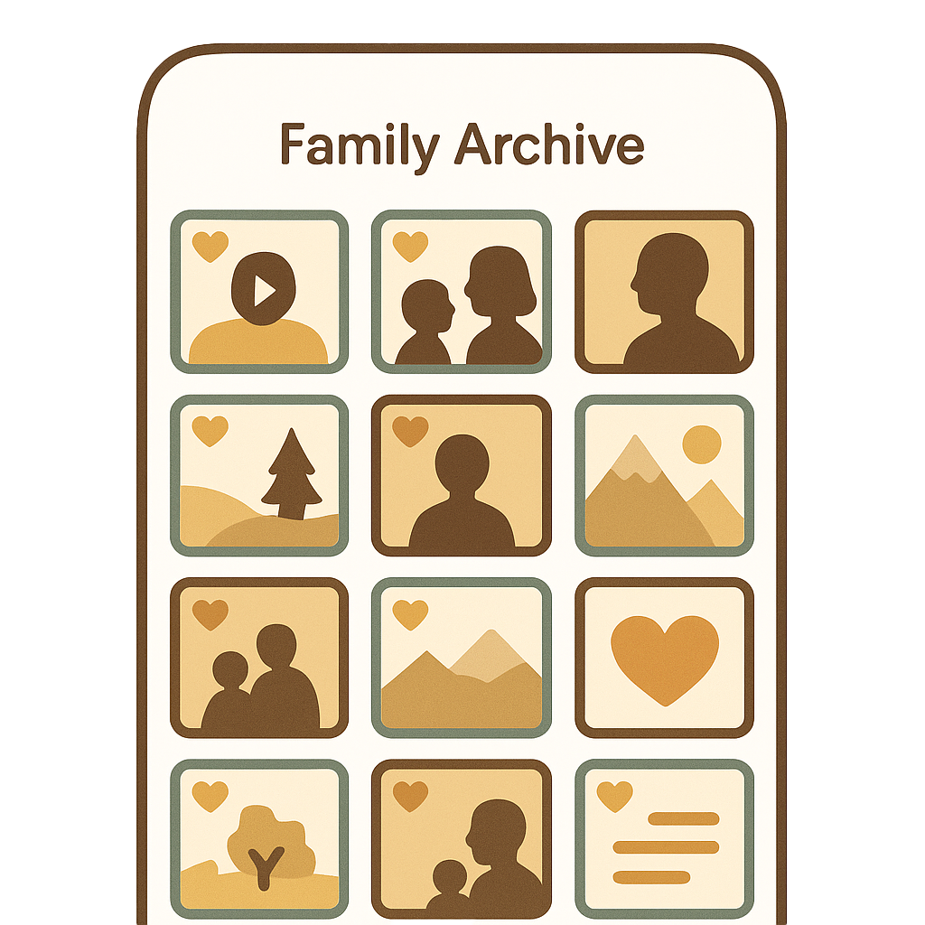 Family archive grid showing memories