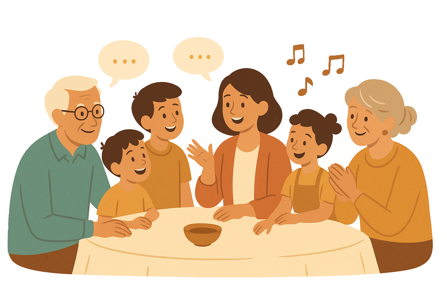 Family gathered around a table sharing stories